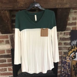 Green and white long sleeve v-neck shirt